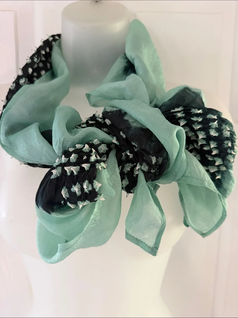 Asian Eye Mint Green & Navy Bandhani Tie-Dye Silk Scarf Handcrafted India